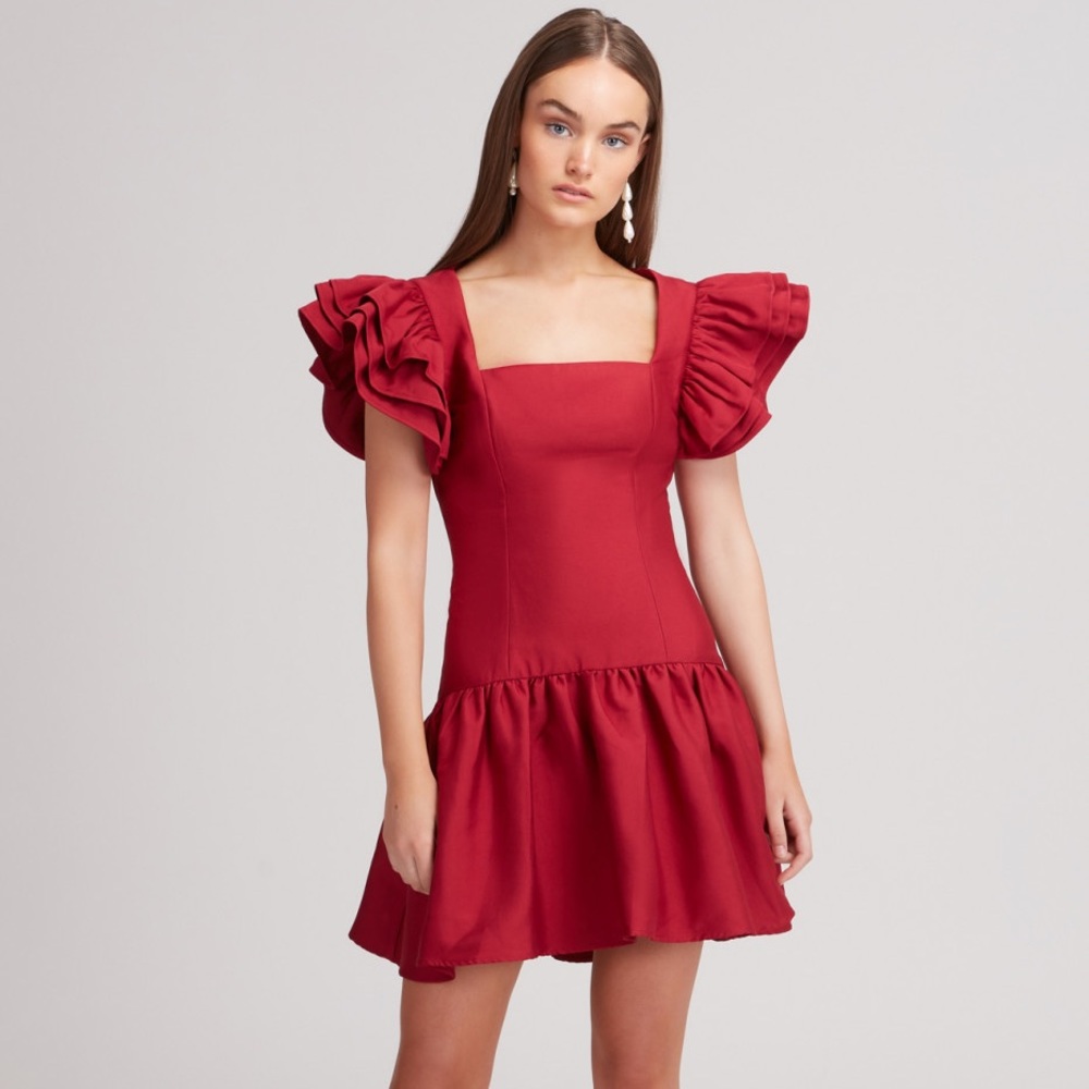 C/MEO red dress with ruffle shoulders